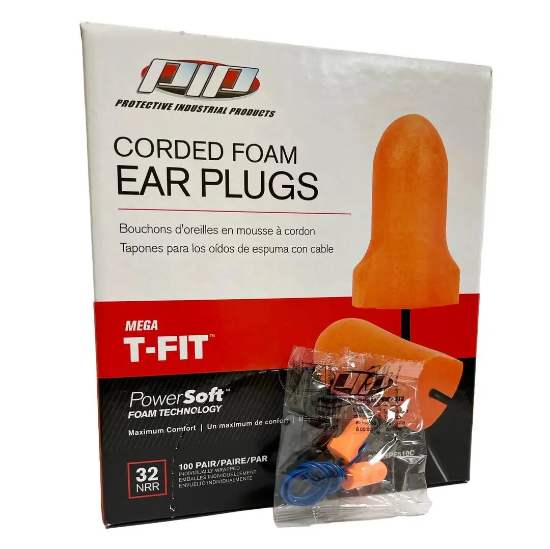 PIP - Mega T-Fit T-Shape Disposable Soft Polyurethane Foam Corded Ear Plugs - NRR 32 Corded 100/BX